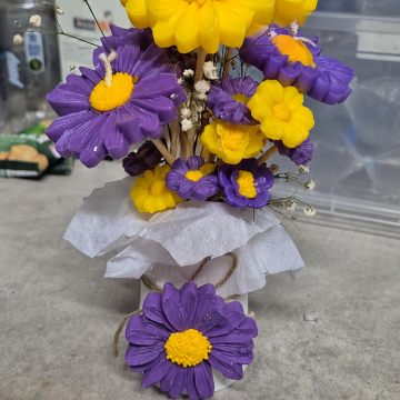 Candle Yellow and Purple Daisy Bouquet in Gypsum